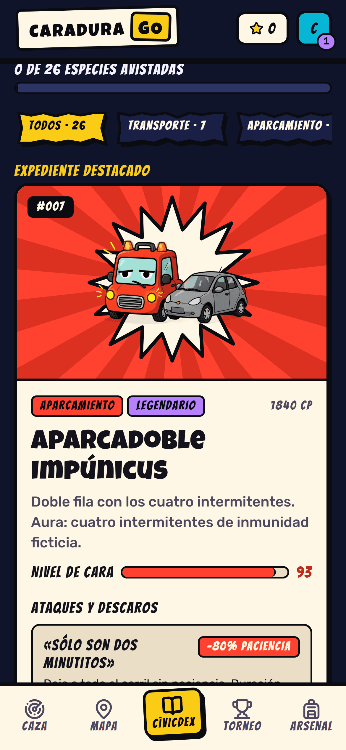 Captura de Caradura GO. CívicDex: el álbum de especies
