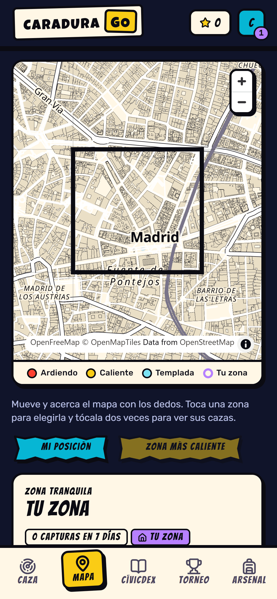 Captura de Caradura GO. Mapa del barrio, por zonas